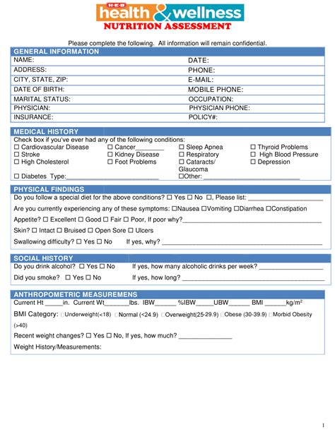 Nutrition Assessment Form Heb Health And Wellness