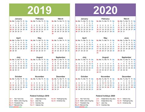 2019 And 2020 Calendar Printable With Holidays Word Pdf