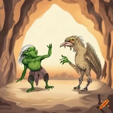 Goblin And Hippogriff Facing Each Other In A Cave On Craiyon