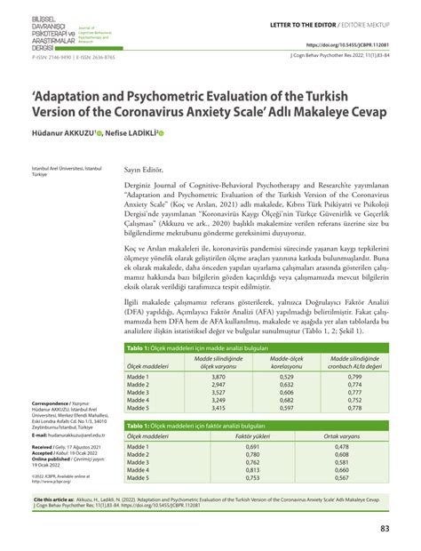 Pdf Adaptation And Psychometric Evaluation Of The Turkish Version Of