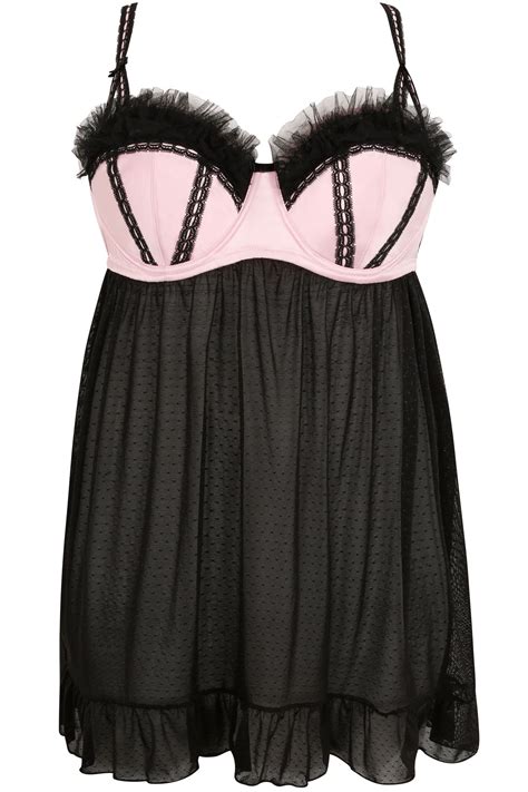 Pink And Black Satin And Spotted Mesh Babydoll With Frill Detail Plus Size