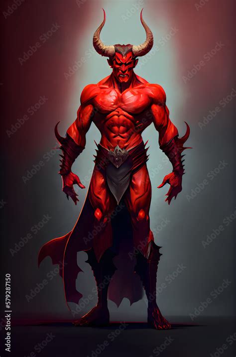 Ilustracja Stock Red Skin Horned Scary Devil Creature Satan Demon Full