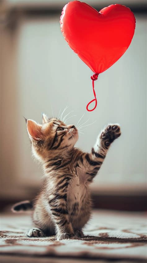 Kitten Playing With Balloon Cute Kitten Red Balloon Tabby Kitten Reaching For Balloon