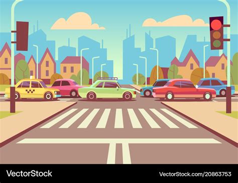 Cartoon City Crossroads With Cars In Traffic Jam Vector Image