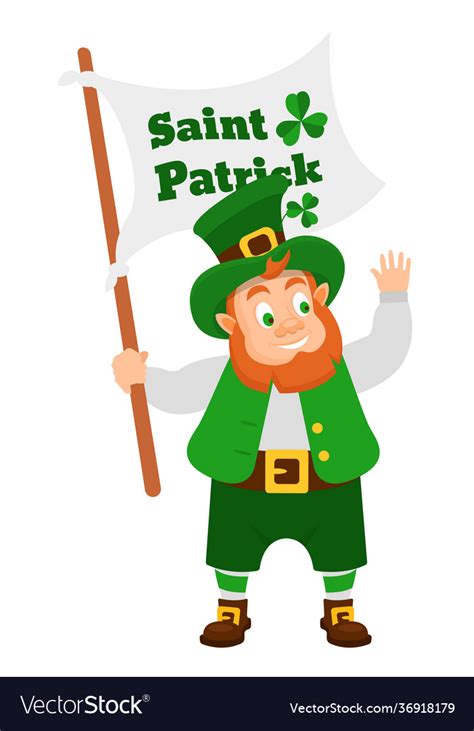 Funny Irish Character Leprechaun With Flag Vector Image