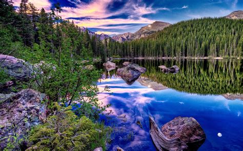Landscape Nature Peaceful Lake Rocks Pine Forest Sky With White Clouds