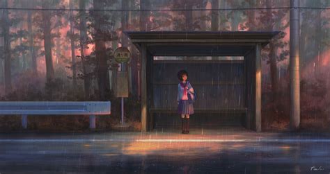 Bus Stop Original Rain Anime Bus Stop Anime Scenery