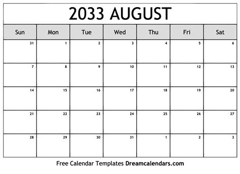 August 2033 Calendar Free Blank Printable Templates