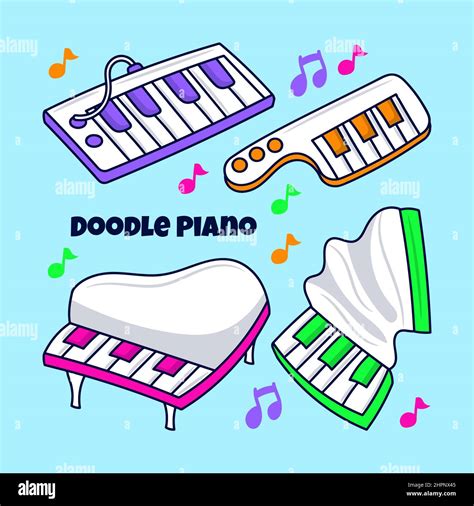 Doodle Piano Illustration With Colored Hand Drawn Outline Style Stock