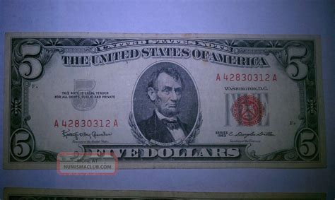 5 1963 5 Dollar Bill United States Legal Tender Red Seal Note Old