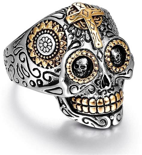 Sugar Skull Rings For Men Women Stainless Steel Day Of The Dead Gothic