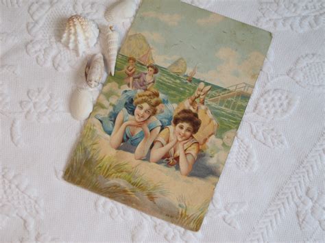 Postcard Bathing Beauty Beach Seaside Scene Antique Edwardian Etsy