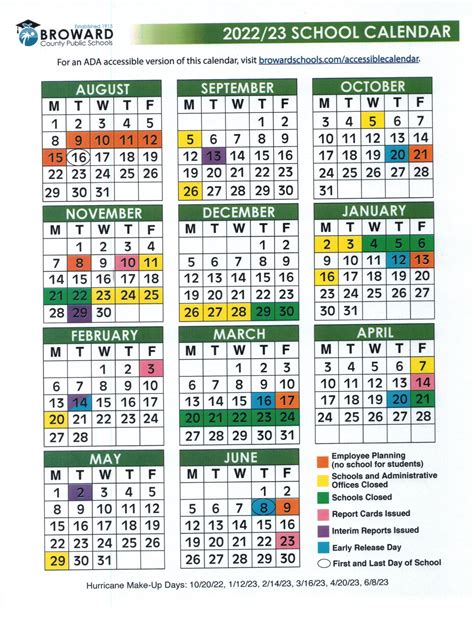 2022 2023 Broward County Public Schools Calendar Color Image