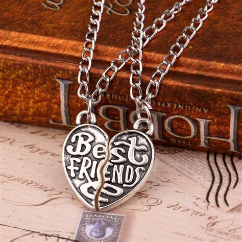 2pcset Best Friend Necklaces Present Forever Heart Shaped Bff Broken Heart Pendant Necklace