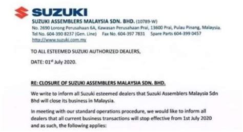 Walau bagaimanapun, kami tidak menetapkan. SUZUKI ASSEMBLERS MALAYSIA TUTUP OPERASI 1 JULAI 2020 ...