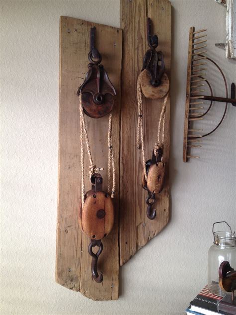 Vintage Block And Tackle Pulleys Mounted On Reclaimed Barn Wood Pulley