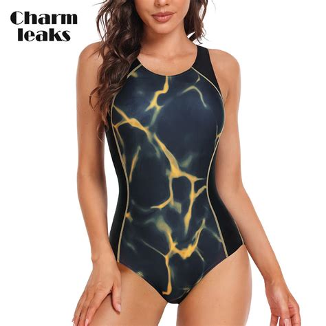 Cheap Charmleaks Women One Piece Sports Swimwear Backless Triangle Conservative Print Swimsuit