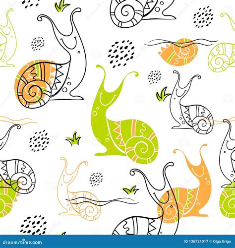 Snailsseamless Pattern In Scandinavian Style Doodles Vector Stock