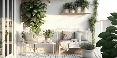 Modern Balcony Sitting Area Decorated With Green Plant And White Wall