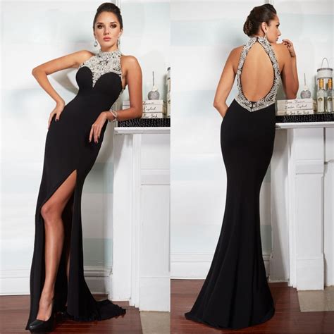 Sexy Halter Key Hole Back Mermaid Prom Dresses Long Black Beading Evening Dress Party Gown Plus