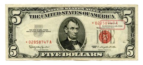 1963 U S Star 5 Dollar Red Seal United States Note 37064