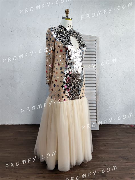Promfy Dazzling Mirror Sequin Champagne Tulle Plug Size Gown