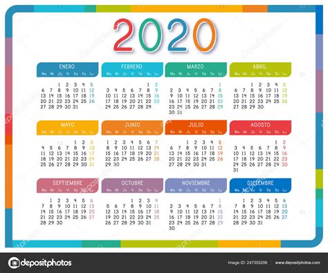 Calendar 2020 Spanish Language White Background Colorful Calendar 2020