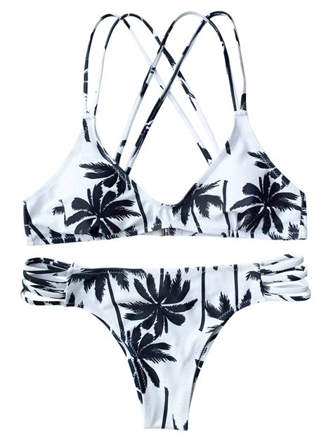 Palm Trees Printed Strappy Bikini White S Swimsuits 2017 Padded