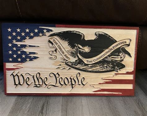 We The People Carved Tattered American Flag With Preamble Eagle Union