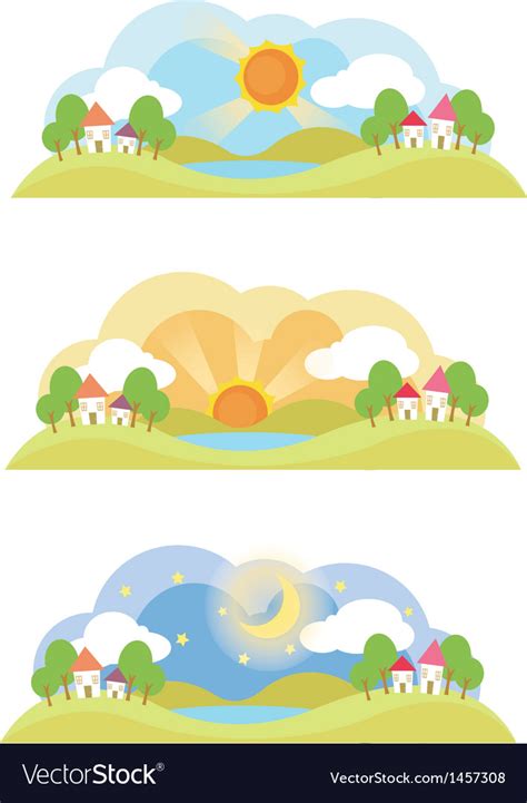 Landscape In The Morning Noon And At Night Vector Image