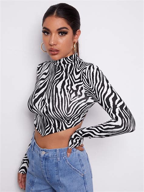 black and white sexy long sleeve polyester zebra stripe slight stretch spring summer women tops
