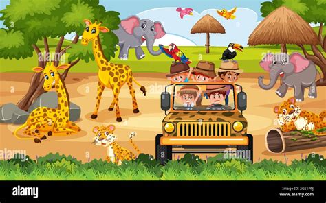 Safari Scene With Kids On Tourist Car Watching Animals Illustration