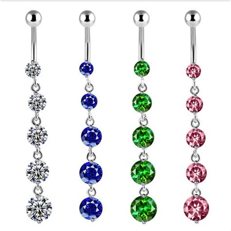 new surgical steel long tassel dangle navel rings double pink crystal navel bars silver belly