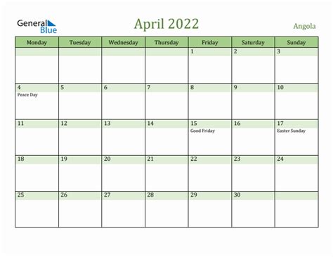 April 2022 Angola Monthly Calendar With Holidays