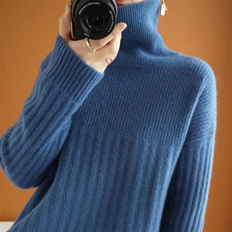 2021 Womens Turtle Cowl Neck Elegant Wool Sweaters Solid Color Soft