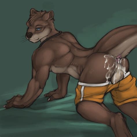 rule 34 balls blue eyes brown fur clothing cum cum on ass male male only otter shorts solo