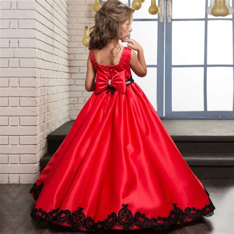 Hot Sleeveless Flower Girls Dresses Tulle Red Satin Appliques Long Party Ball Gown Dress