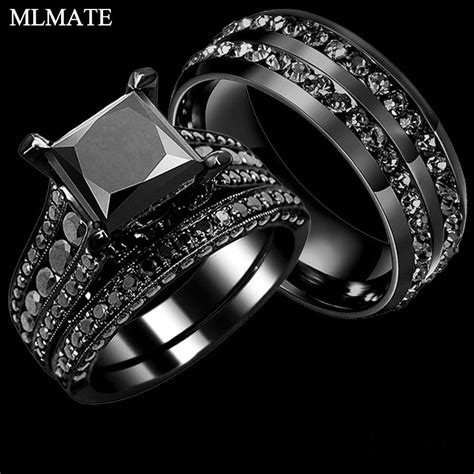 His Her Couple Rings Black 316l Stainless Steel Princess Cut Cubic