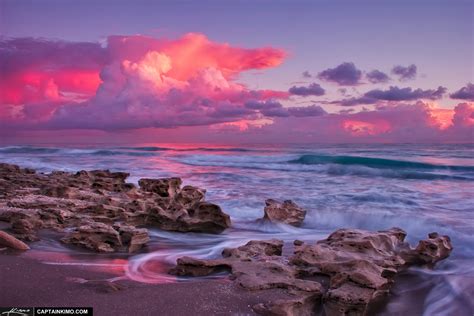 Pink Velvet Sunrise Over Carlin Park Beach Jupiter Florida Hdr