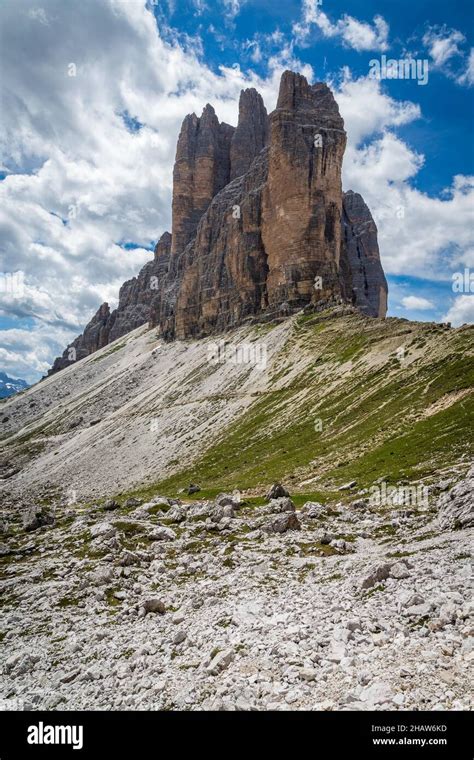 Three Peaks Side View Sesto Dolomites South Tyrol Italy Stock Photo