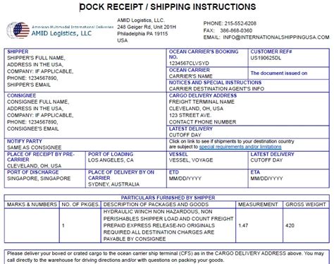 Dock Receipt In Shipping Cargo From The Usa