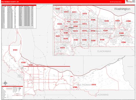 Multnomah County, OR Zip Code Wall Map Red Line Style by MarketMAPS