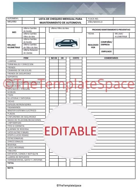 Editable Lista De Chequeo Mensual Mantenimiento De Automovil Carro By