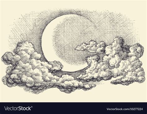 Night Sky Moon In The Clouds Hand Drawing Vector Image