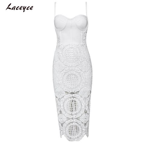 Laceyce 2018 Women Runway Summer Spring Bodycon Bandage Dress Sexy White Lace Celebrity Evening