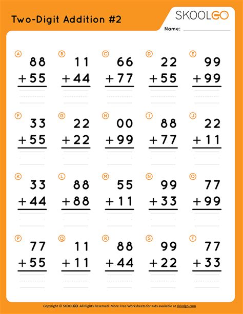 2 Digit Numbers Addition Worksheets