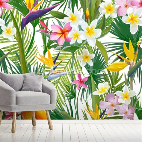 Tropical Palm Leaves And Flowers Wallpaper Mural