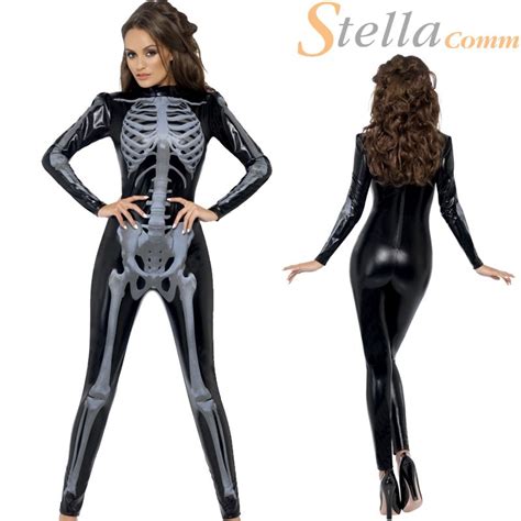 Ladies Fever Miss Whiplash Skeleton X Ray Catsuit Halloween Fancy Dress Costume Ebay
