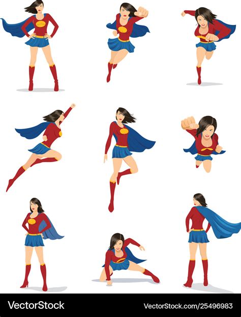 Set Female Superhero In 9 Different Poses Vector Image