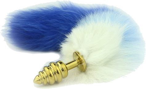 pingmindian overjoyed blue screw thread stainless steel faux fox tail butt plug cat
